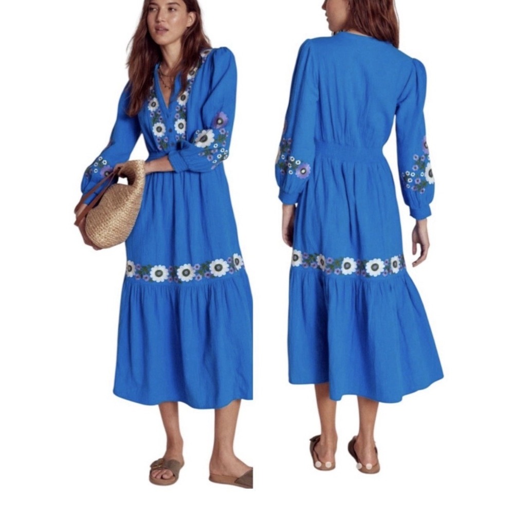 Boden Elena Double Cloth Embroidered Midi Dress Blue Floral Pockets Size 12